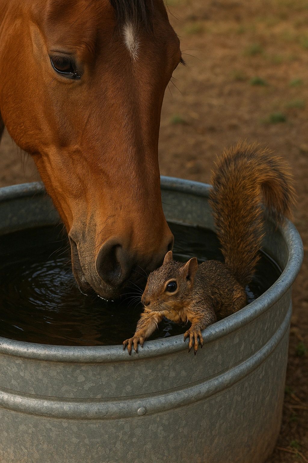 Horse and squirrel sharing a water trough